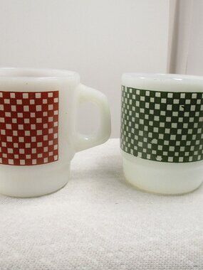 2 Fire King Coffee Mugs Plaid, Checkered, Gingham Red & Green Stackable Cup